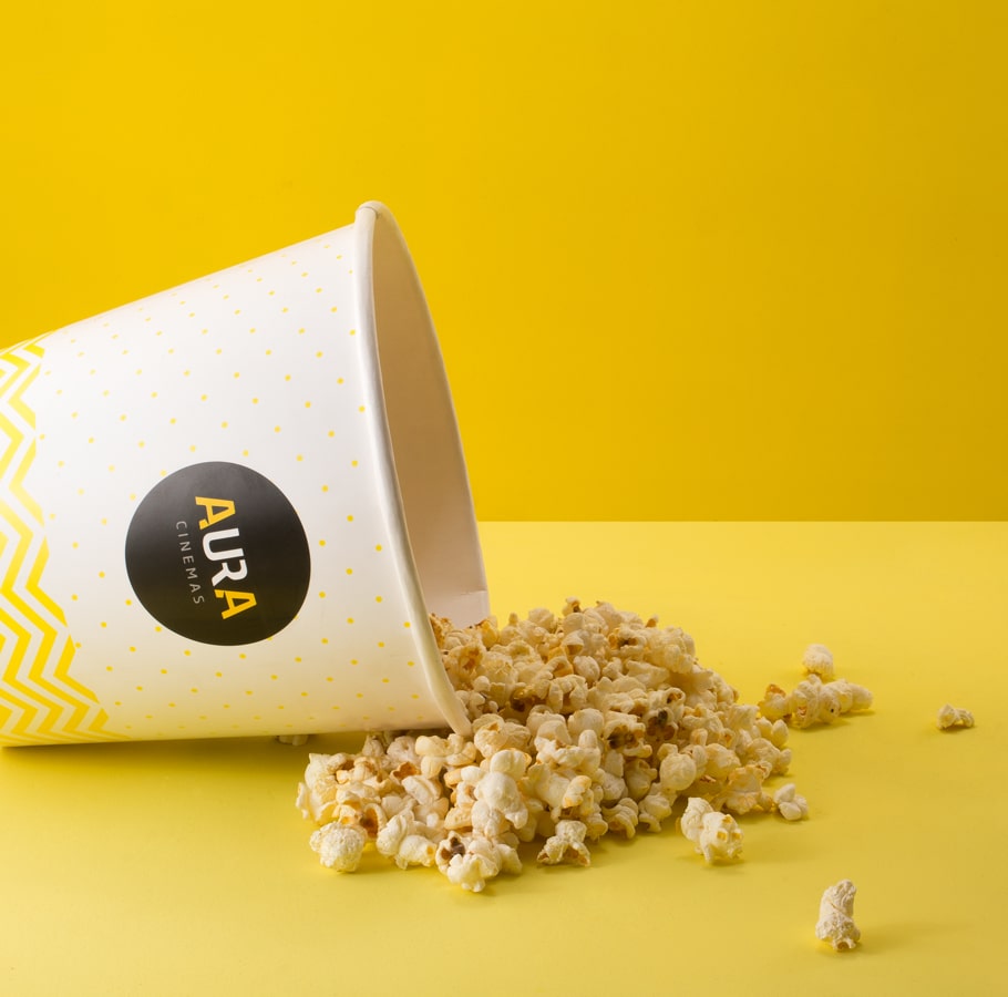 Popcorn tub packaging design for Aura cinemas