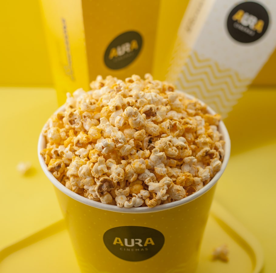 Popcorn tub packaging design for Aura cinemas