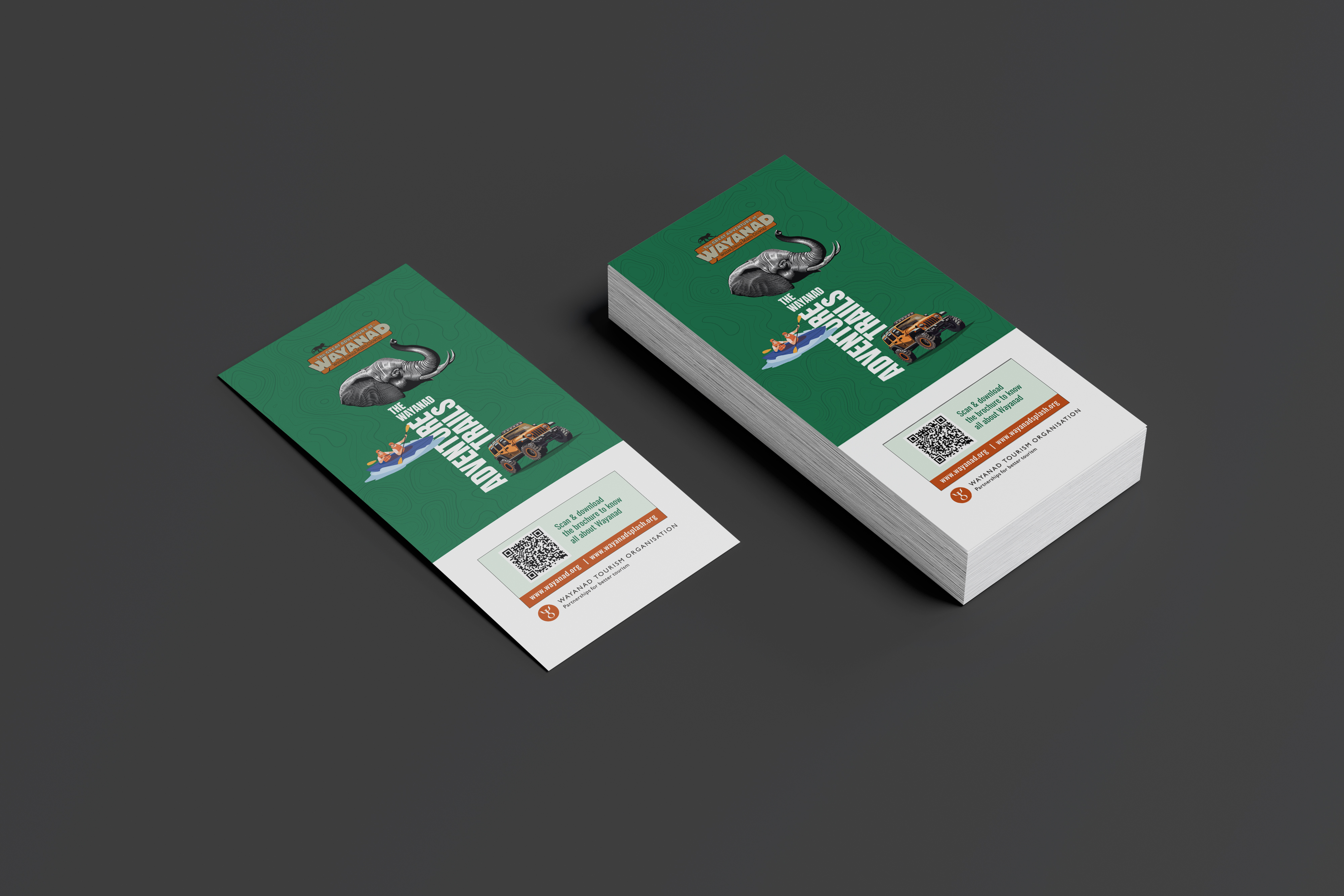 Wayanad Tourism Organisation adventure trails brochure with elephant illustration, jeep safari, and kayaking – guide to scenic landscapes, resorts, homestays, and cultural experiences in Wayanad, Kerala