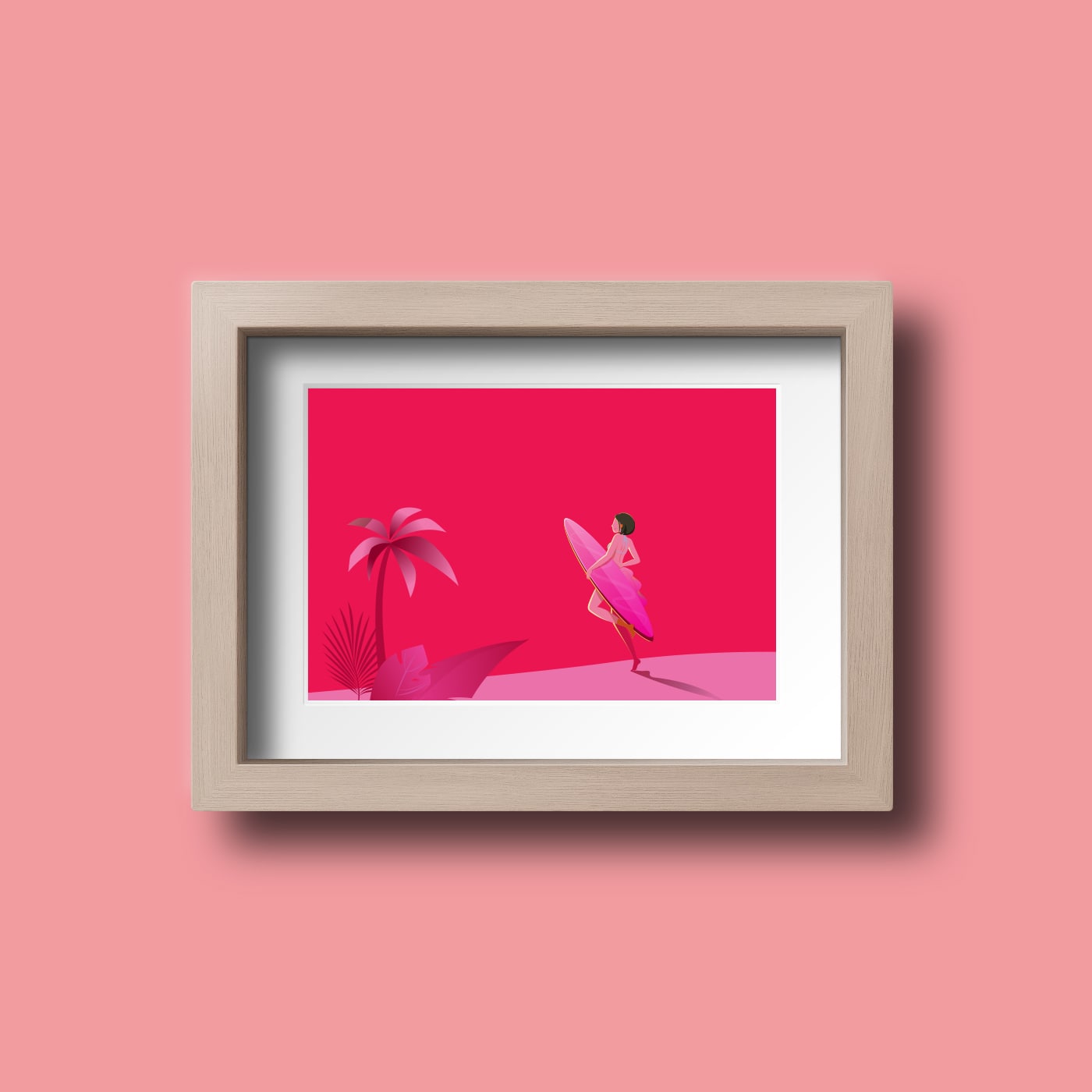 Club W framed artwork of surfer walking beside palm trees on vibrant pink landscape, combining tropical vibes with bold minimalist illustration style