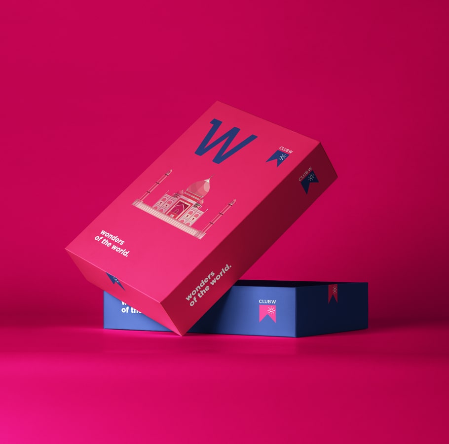 Club W Wonders of the World packaging with Taj Mahal illustration on vibrant pink box, featuring modern design and bold branding elements