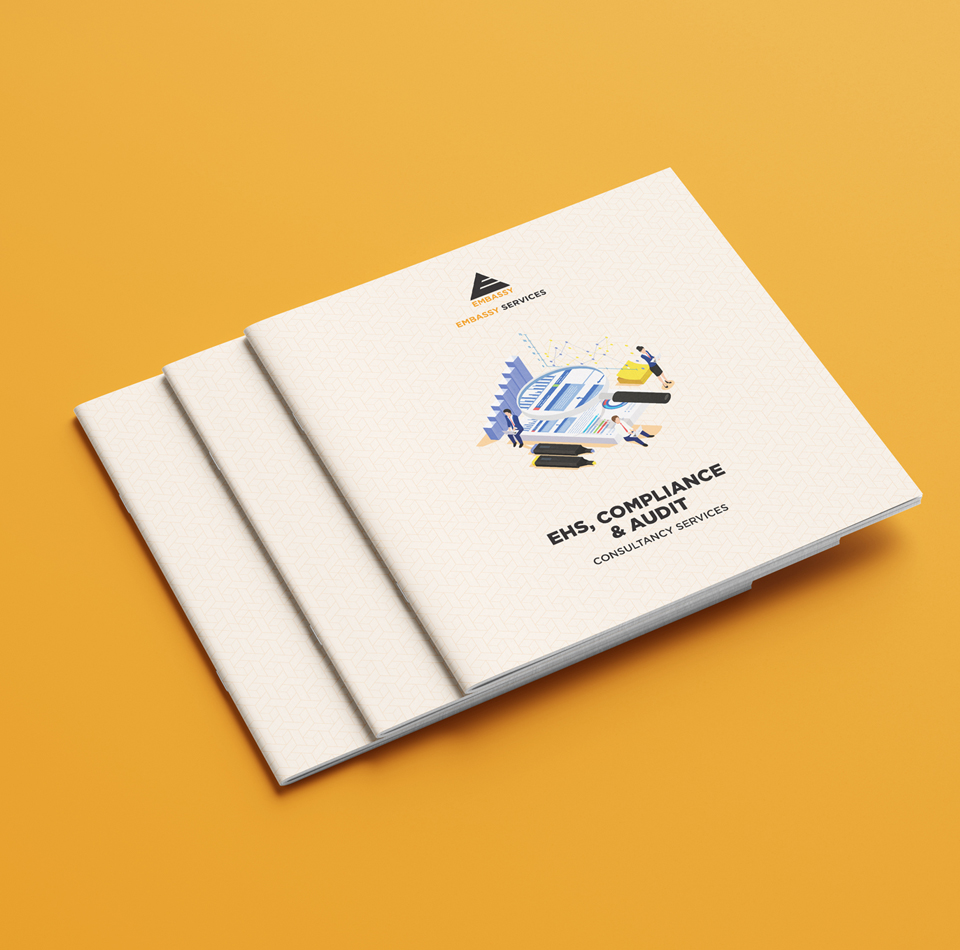 Embassy Services EHS, Compliance and Audit consultancy services brochure on orange background
