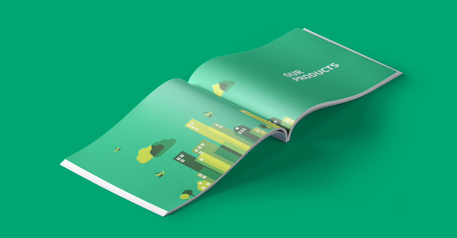 Glaana product catalog booklet opened to green-themed 'Our Products' section featuring stylized eco-architecture illustrations with trees and buildings