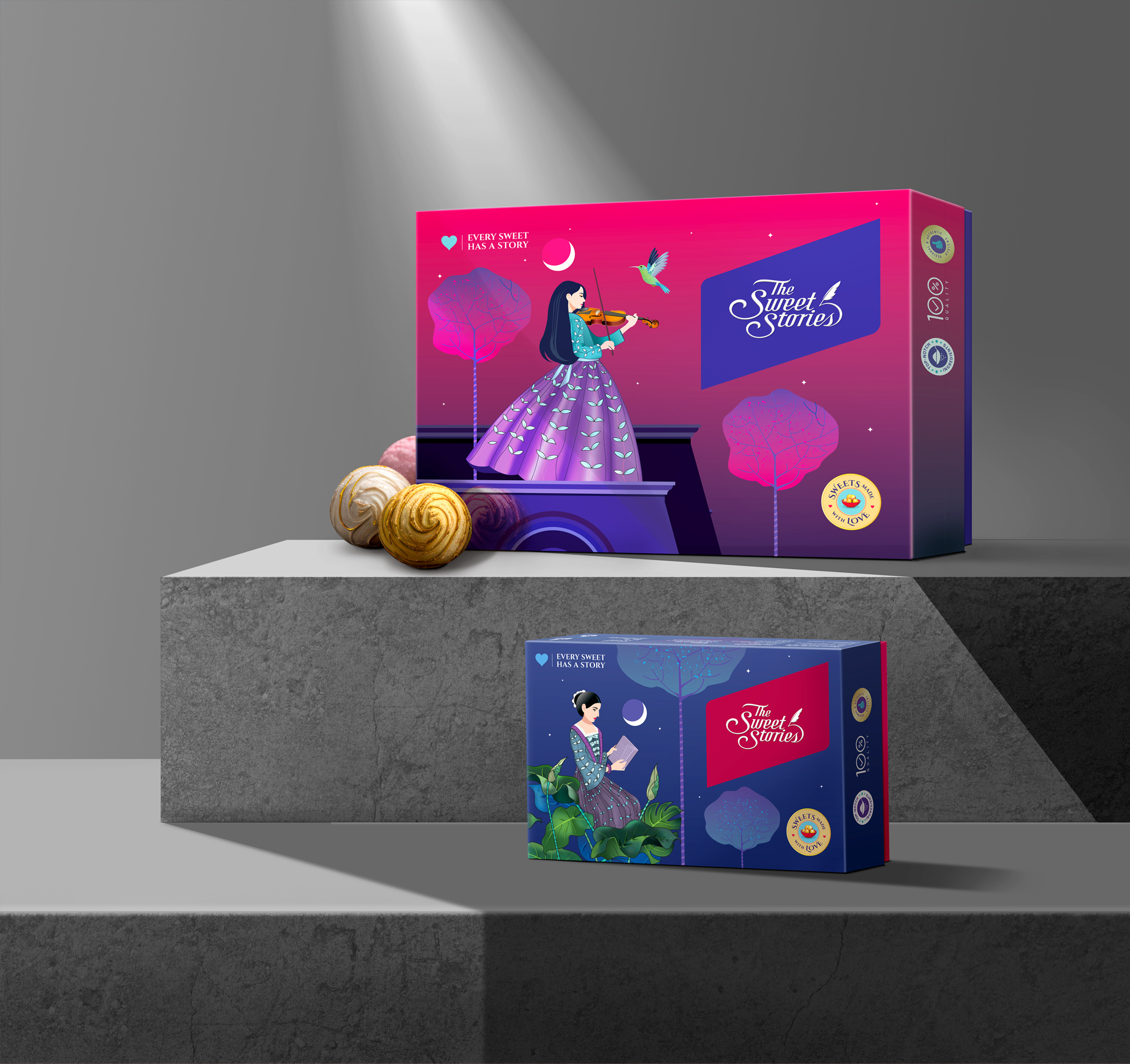 The Sweet Stories premium sweet box packaging with illustrated women, moonlit background, and tagline 'Every Sweet Has a Story'