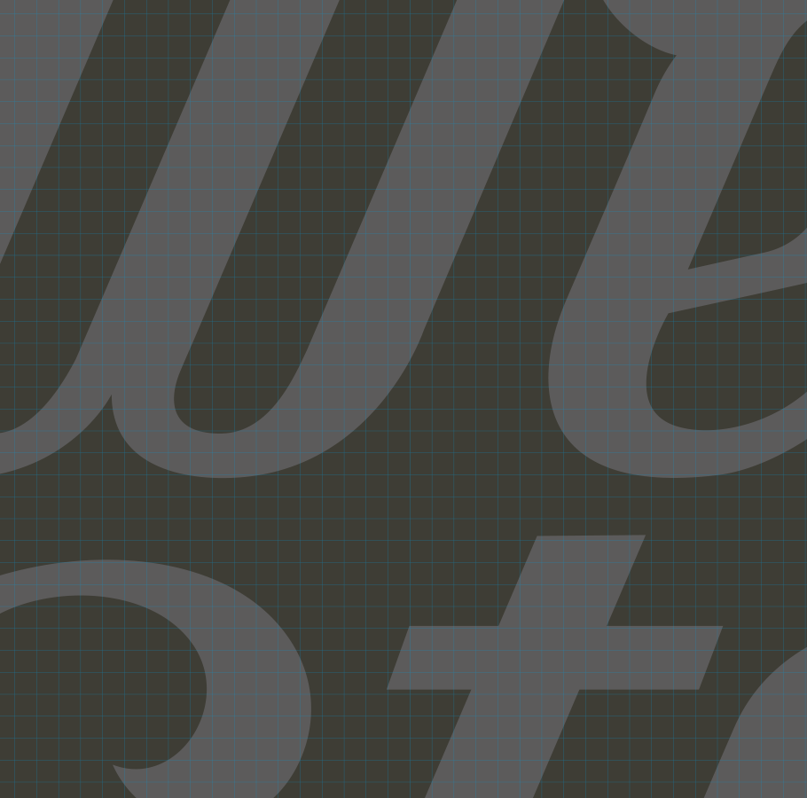 Close-up of The Sweet Stories brand typography on dark background with grid overlay – elegant script font for premium Indian sweets identity design