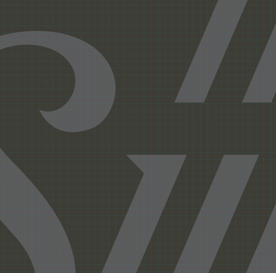Close-up of The Sweet Stories brand typography on dark background with grid overlay – elegant script font for premium Indian sweets identity design