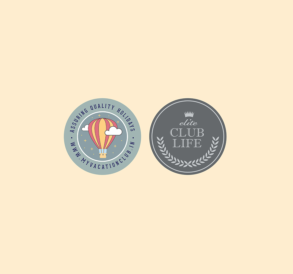 Vacationclub quality assurance and Elite Club Life badges, featuring hot air balloon and laurel wreath designs.